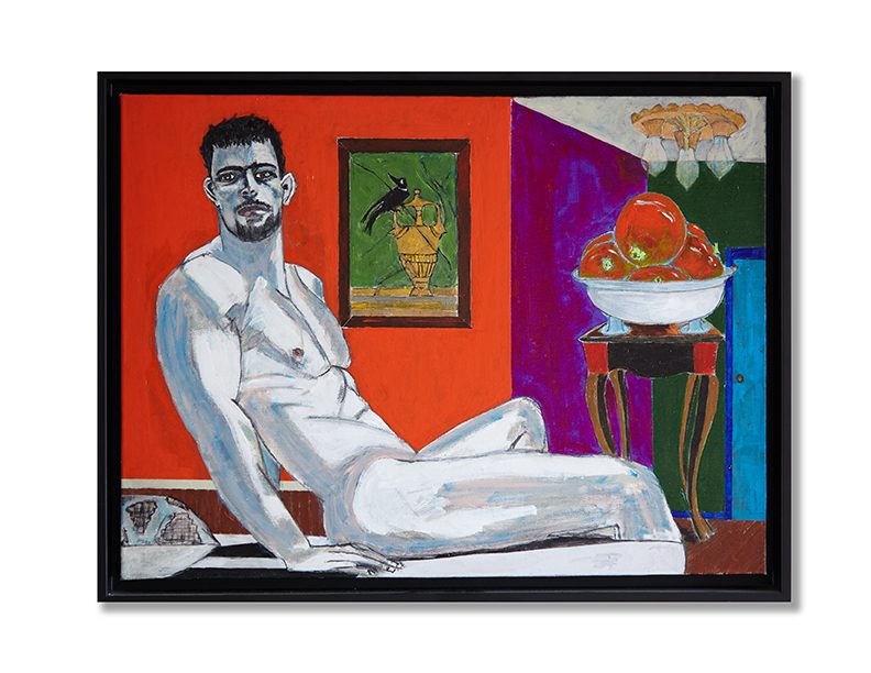 Don Hershman Male Nude with Fruit-Silent Series acrylic & pencil, 24x18, 2019